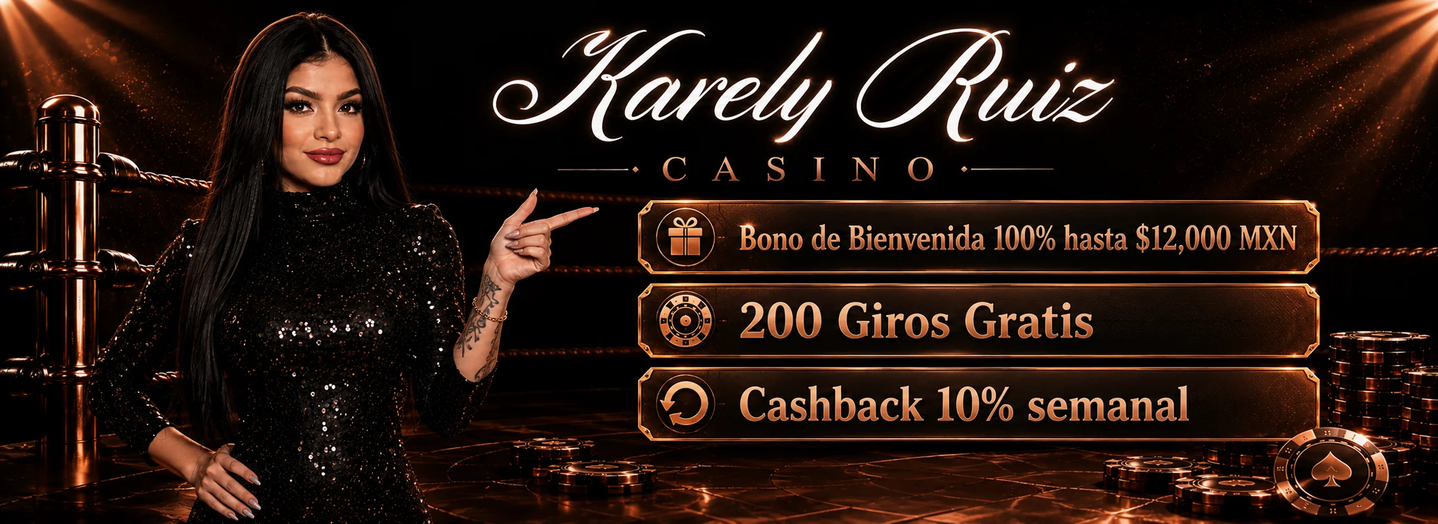 Bono de bienvenida de Karely Ruiz Casino: 100% hasta $12,000 MXN más 200 giros gratis
